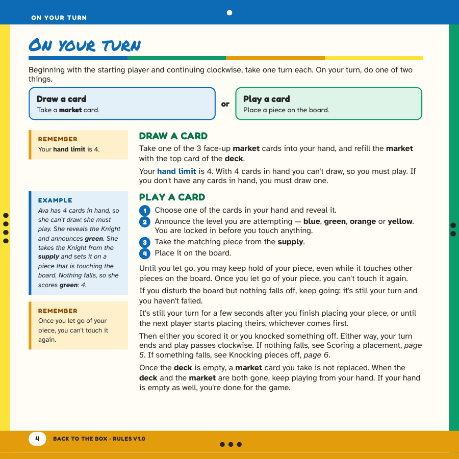 The On your turn page of the finished Back to the Box rulebook: the two choices side by side, numbered steps and an example box
