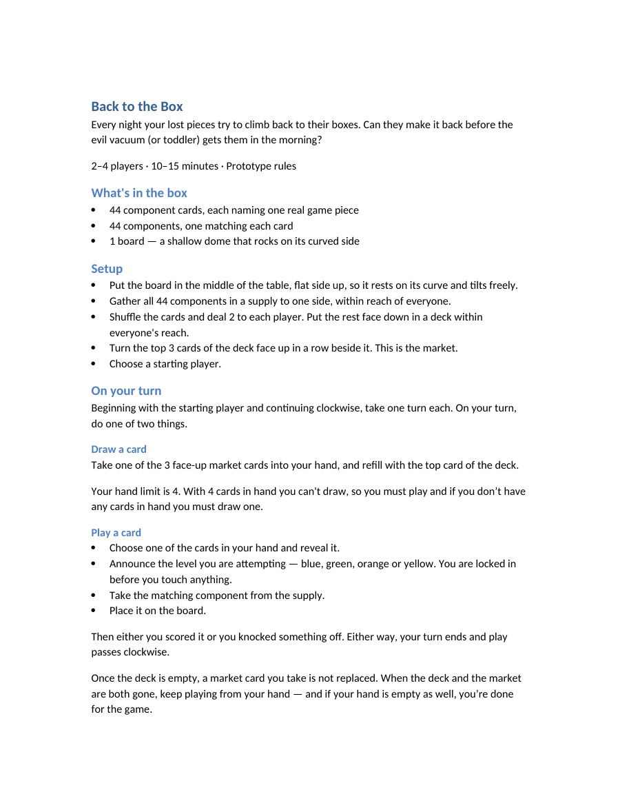 The first page of the Back to the Box rules draft: plain headings and bullet points