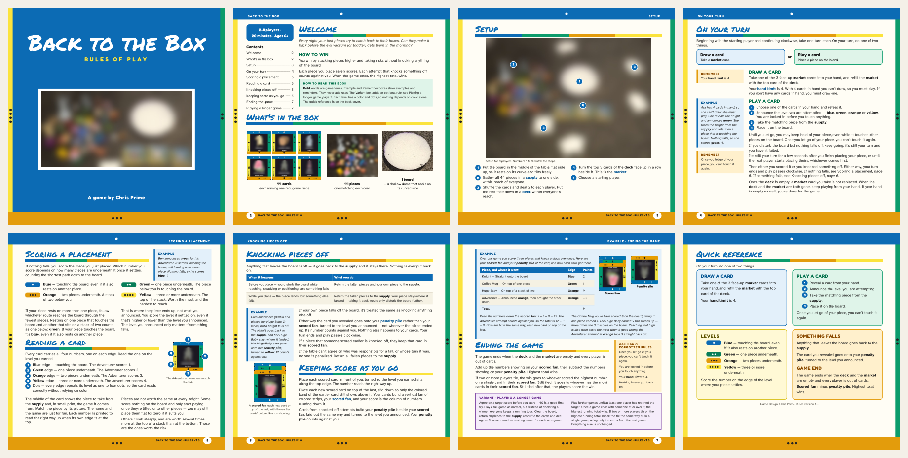 Every page of the Back to the Box rulebook, laid out as a contact sheet